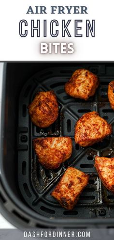 air fryer chicken bites cooking in an air fryer with text overlay that says air fryer chicken bites