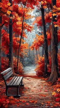 a park bench sitting in the middle of a forest filled with trees and orange leaves