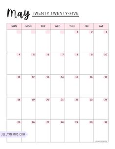 a printable may calendar with the month numbers in pink and black, on a white background