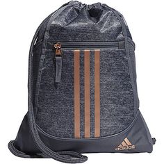 Convenient And Stylish, This Adidas Alliance Ii Sackpack Is Just What You Need. Main Compartment With Drawstring Closure Offers Easy Access To Items. Tricot-Lined Front Zip Pocket Keeps Small Items On Hand. Two Exterior Side Mesh Pockets Hold Water Bottles To Help You Stay Hydrated Dobby Polyester Details In-Use: 18.75''H X 14''W X 2''D Exterior: 1 Front Zip Pocket & 2 Side Mesh Pockets Interior: 1 Main Compartment Zipper & Drawstring Closures Jersey Onix / Rose Gold Nike Bags Also Listed Sports Bag Essentials, Rose Gold Nikes, Adidas Bags, Gym Backpack, Nike Bags, Bag Essentials, Grey Roses, Drawstring Bags, Grey Adidas