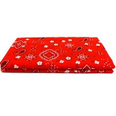 red bandana with white flowers and hearts on the front, folded in two rows