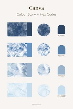 A light beige background and 4 photos of blue marble ink in varying shades with a colour pulled from each and their coinciding hex codes beside the images. Marble Branding, Marble Color Palette, Canva Colour Palettes, Colour Palette Blue, Types Of Blue Colour, Wedding Palette Blue, Instagram Branding Design, Gfx Design