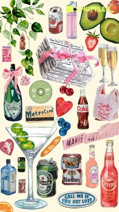 a painting of various alcohols and drinks on a white background with pink ribbon around the neck