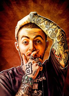 a drawing of a man with tattoos on his arms and hands holding something in front of his face