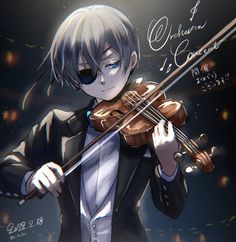 an anime character holding a violin in his right hand and wearing a black suit with blue eyes