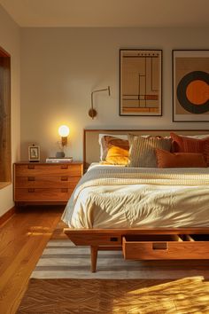 a bedroom with a bed, dressers and two pictures on the wall above it