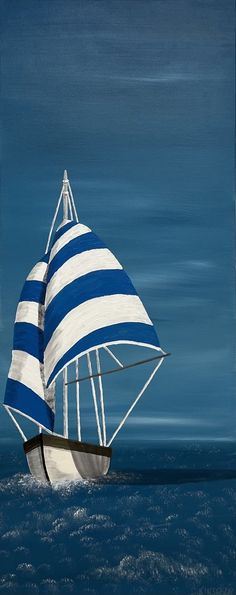 a painting of a blue and white sailboat in the ocean on a sunny day