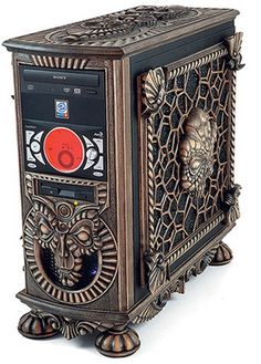 an old fashioned radio with ornate carvings on the front and back sides, sitting on a white surface