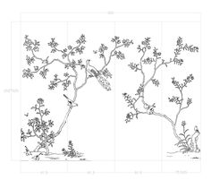 three different drawings of trees with birds on the branches and flowers in the middle one is black and white