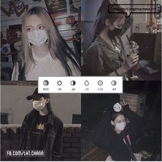 four different pictures with people wearing masks and one holding a cell phone in her hand