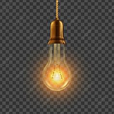 an old fashioned light bulb hanging from a chain on a dark checkerboard background