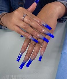 Summer Stiletto Nails, Blue Prom Nails, Blue And Silver Nails, Long Almond Nails, Blue Ombre Nails