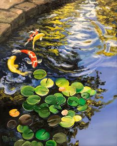 two koi fish swimming in a pond with lily pads