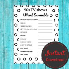 the printable instant baby shower game is shown on a blue wooden background with a black and