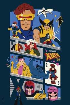 the poster for x - men, which is featured in an animated movie with various characters