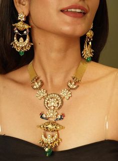 Pre Order Tia Kundan Long Fusion Necklace * Dual Tone, Oxidized Necklace * Long Indian Necklace* Indian Jewelry * Sabyasachi Jewelry Is Inspired By Sabyasachi Wedding Kundan jewelry Such intricate detailing in this Inspired Heritage Royal Set with Flawless Polki and Diamond work. This set will surely make heads turn .. Finest Kundan work . *Necklace length can be adjusted thorough Dori/cord on the back. Highest quality and best craftsmanship Earrings have Pushbacks Necklace Has adjustable Dori Customized orders takes 3 to 4 weeks, depending on piece requirements.  The Ombre Designs Jewelry pieces can be customized in accordance with your requirement.  Please Email or Whats app on : +91 8448833193 / sonalikamehra@theombredesigns.com Festive Bollywood Chandbali Necklaces, Kundan Temple Necklace For Eid, Ceremonial Kundan Necklace With Stone Work For Eid, Bollywood Chandbali Necklaces For Navratri, Eid Kundan Necklaces With Latkans, Bollywood Style Chandbali Necklace For Navratri, Gold Kundan Necklace With Meenakari In Traditional Drape, Bollywood Style Temple Necklace With Latkans For Diwali, Bollywood Temple Necklace With Latkans For Diwali