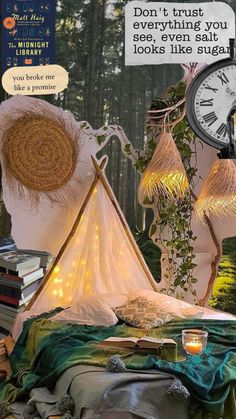 an image of a bed with a teepee tent and lights in the room that says don't trust everything you see even when it looks like reading