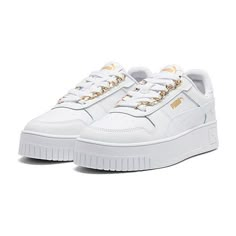 Puma Carina, Dr Wardrobe, Everyday Outfit, Dream Shoes, Platform Sneakers, Sneakers White, Quince, Synthetic Leather, Metallic Gold