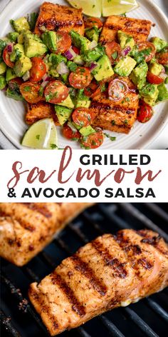 grilled salmon and avocado salad on the grill with text overlay that reads grilled salmon and avocado salad