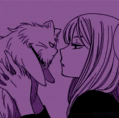 a girl and a wolf face to face in front of a purple background with the words,