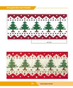 two knitted christmas trees on red and white background