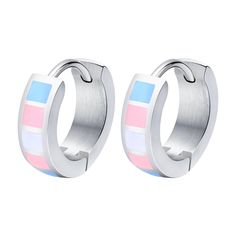 two pairs of hoop earrings with multicolored squares on each side, one in silver and the other in pink