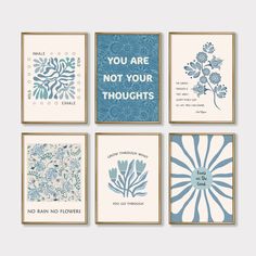 four blue and white greeting cards with the words you are not your thoughts