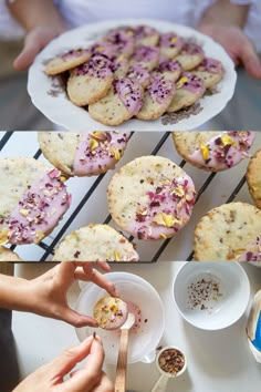 people are eating cookies and other desserts on the table