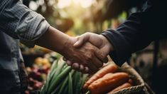 two people shaking hands over carrots at an outdoor market