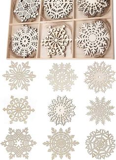 six snowflakes are in a box and one is cut out to look like snowflakes