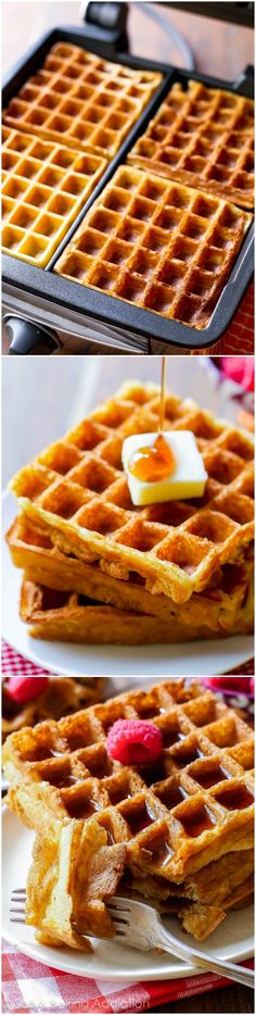 waffles with syrup and butter on top are shown in three different pictures, one is