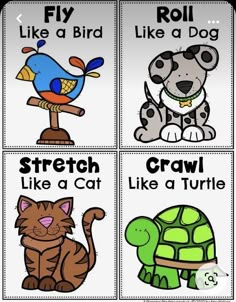 four pictures with different animals and words on them, including a cat, dog, turtle, and bird