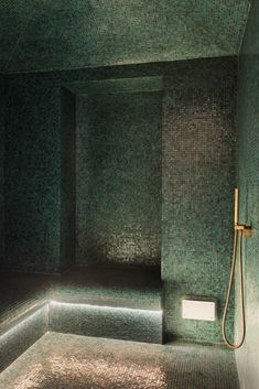 a bathroom with green tiles and a gold faucet in the shower head area