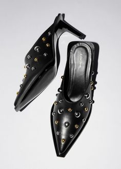 Studded Leather Mules Shoe Inspo, Trendy Sneakers, Footwear Design Women, Studded Leather, Leather Mules, Ballerina Flats, Day And Night, Shoes Shoes, Boot Sandals