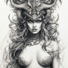 a drawing of a woman with horns on her head