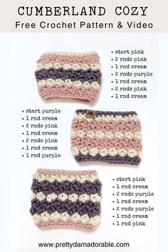 three crocheted wrist warmers are shown with instructions for how to make them