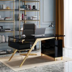 a desk with a laptop on it in front of a bookshelf and shelves