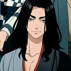 an anime character with long black hair and blue eyes