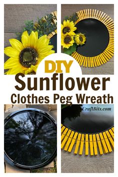 sunflower clothes peg wreaths made out of yellow and black paper with the words diy sunflower clothes peg wreath