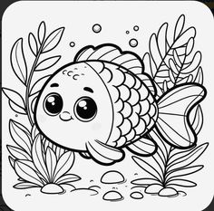 a coloring book with an image of a fish in the water and plants around it