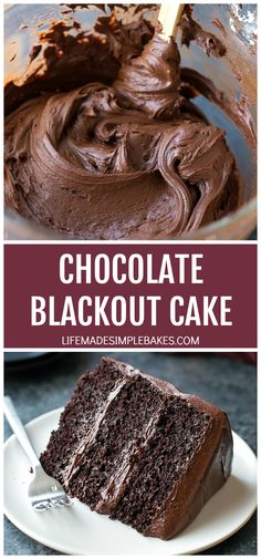 chocolate cake on a white plate with the words chocolate blackout cake in front of it