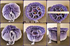 several pictures of the inside of a purple crocheted bag with beads in it