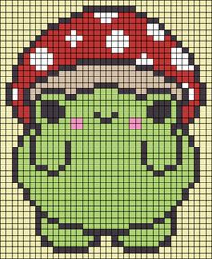 an image of a cross stitch pattern with a green alien wearing a red mushroom hat