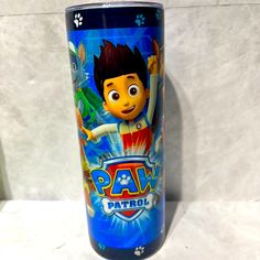 a blue tumbler with the character paw patrol on it