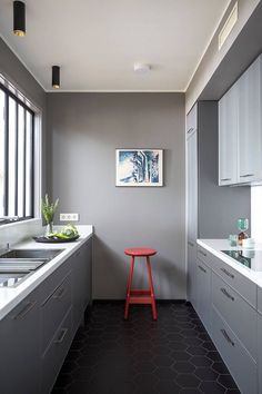 Gray Kitchen Cabinets with White Countertops
This gray galley kitchen has a minimalist aesthetic. Kitchen Layout Ideas, Серая Кухня, Small Kitchen Layouts