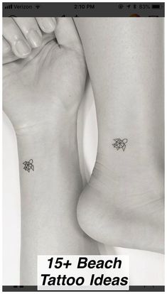 two people with matching tattoos on their feet, one is holding the other's leg