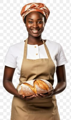 a woman holding bread in her hands and smiling at the camera transparent background png