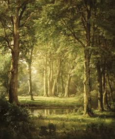 a painting of trees and water in a wooded area