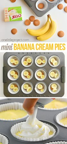 mini banana cream pies are being made in muffin tins