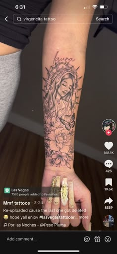 a woman's arm with tattoos on it and an image of a sunflower